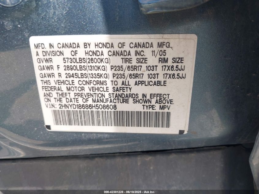 2006 Acura Mdx VIN: 2HNYD18686H508608 Lot: 42381228