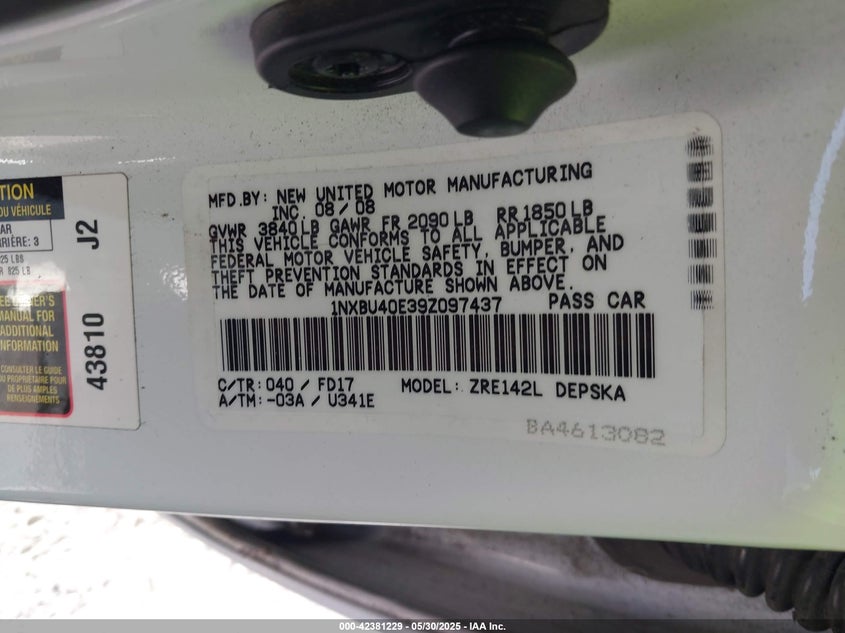 2009 TOYOTA COROLLA VIN: 1NXBU40E39Z097437