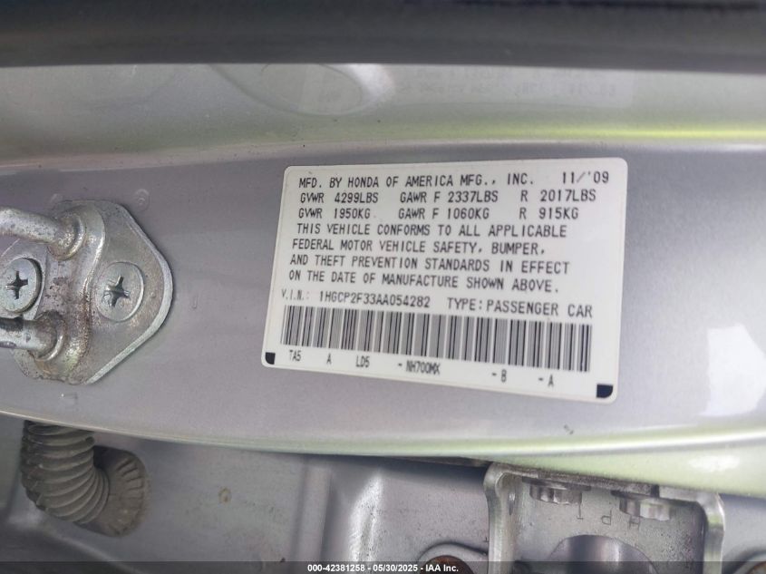 2010 Honda Accord 2.4 Lx VIN: 1HGCP2F33AA054282 Lot: 42381258
