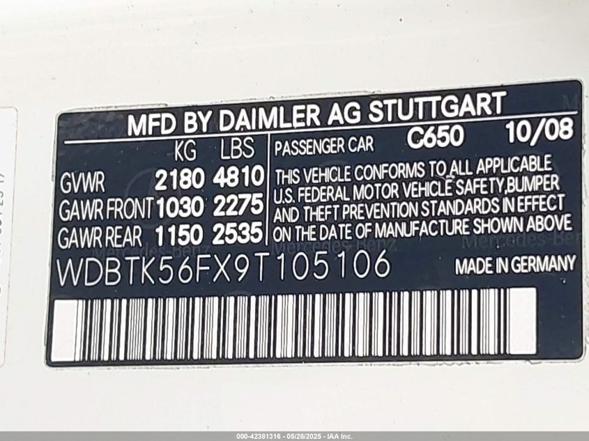 2009 Mercedes-Benz Clk 350 VIN: WDBTK56FX9T105106 Lot: 42381316