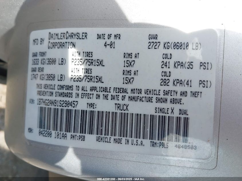 2001 Dodge Dakota Slt/Sport VIN: 1B7HG2AN91S290457 Lot: 42381350