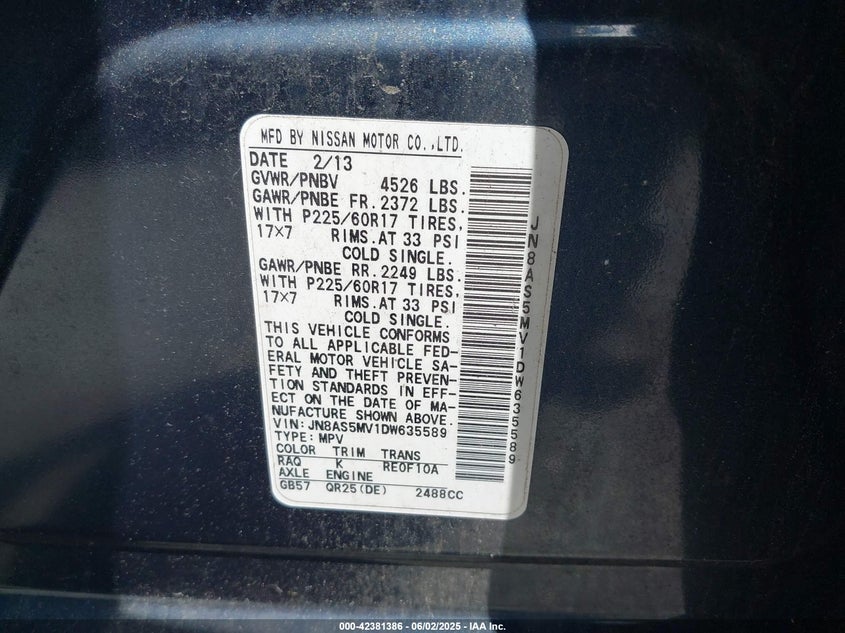 2013 NISSAN ROGUE VIN: JN8AS5MV1DW635589