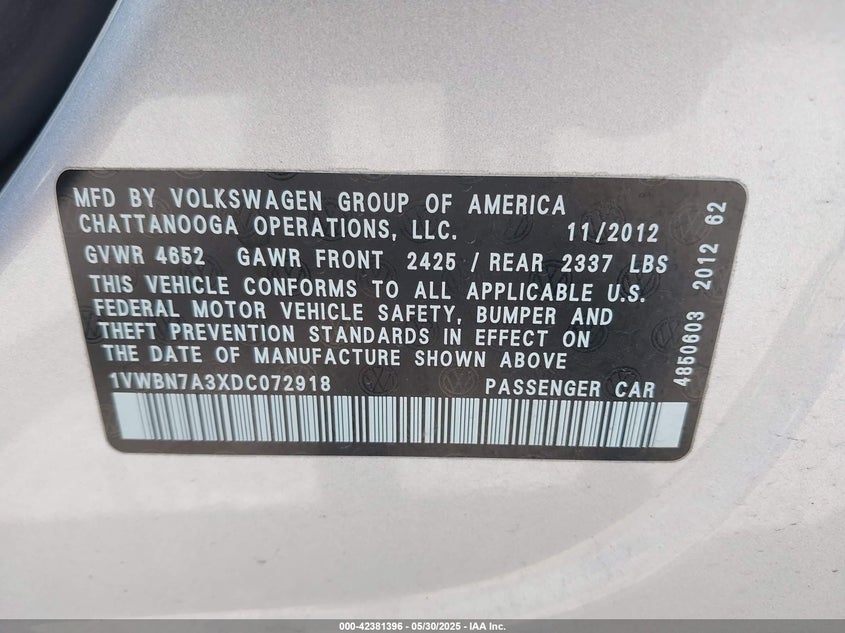 2013 VOLKSWAGEN PASSAT VIN: 1VWBN7A3XDC072918