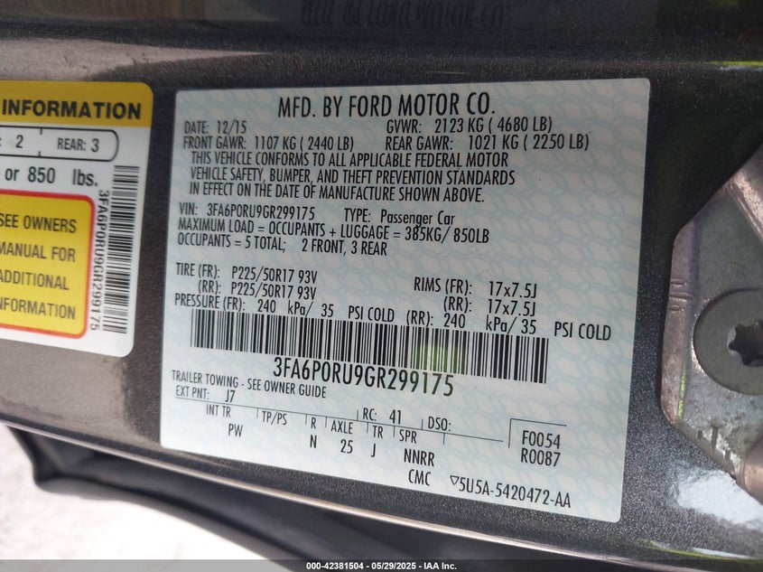 2016 FORD FUSION VIN: 3FA6P0RU9GR299175