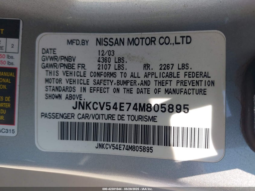 2004 Infiniti G35 VIN: JNKCV54E74M805895 Lot: 42381544