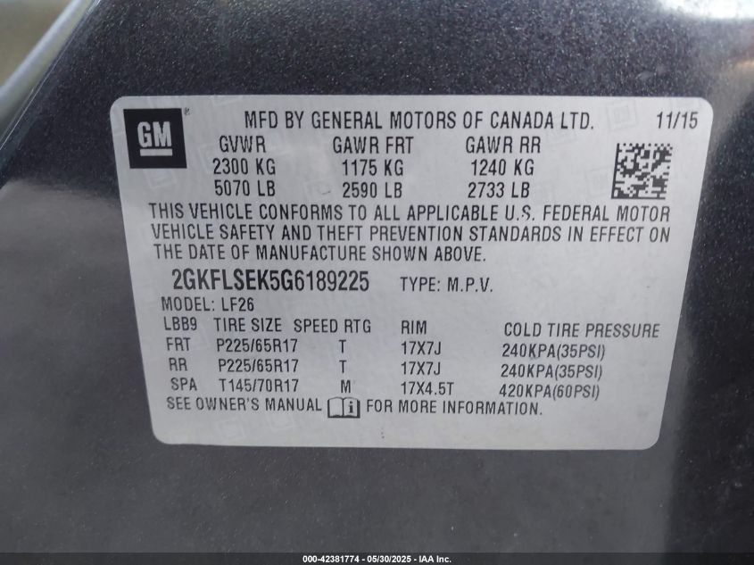 2016 GMC Terrain Sle-1 VIN: 2GKFLSEK5G6189225 Lot: 42381774