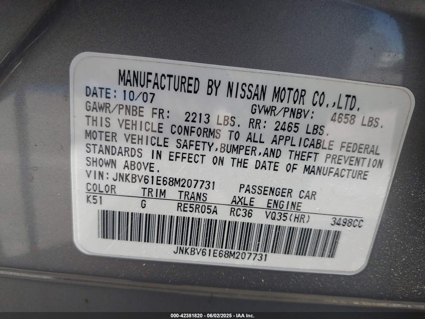 2008 INFINITI G35 VIN: JNKBV61E68M207731