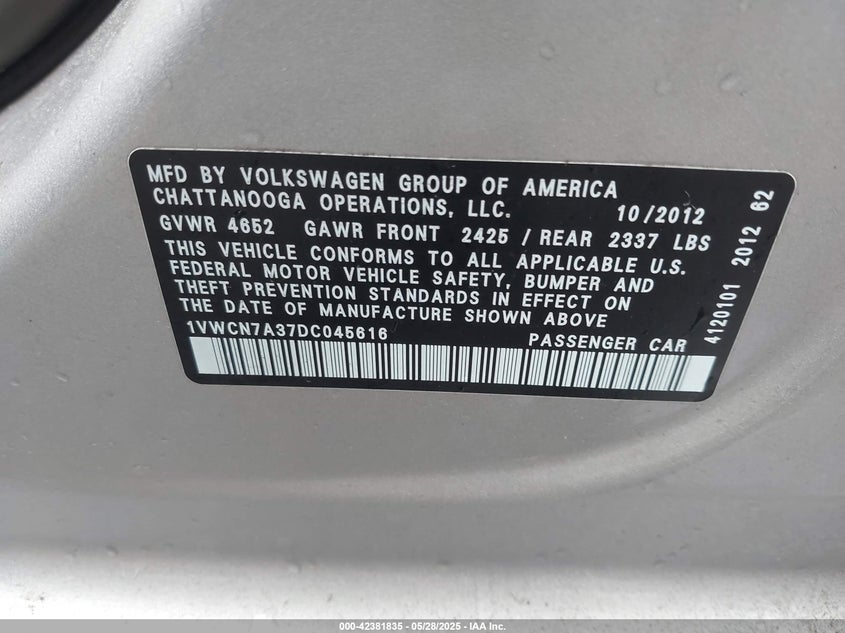 2013 VOLKSWAGEN PASSAT VIN: 1VWCN7A37DC045616