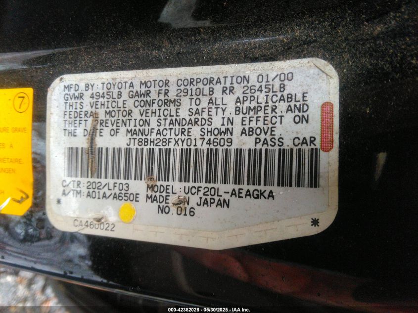 2000 Lexus Ls 400 VIN: JT8BH28FXY0174609 Lot: 42382028