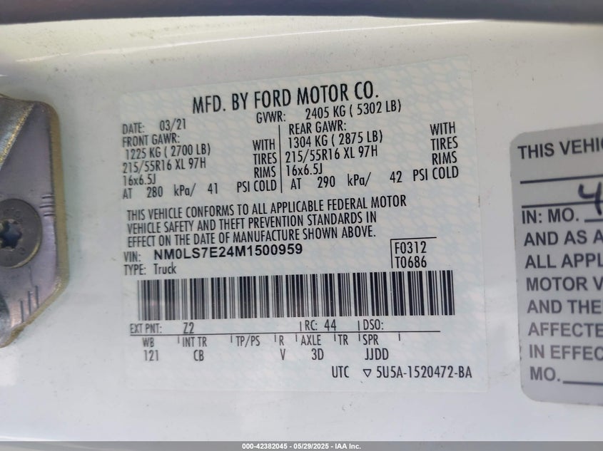 2021 FORD TRANSIT CONNECT(VIN: NM0LS7E24M1500959
