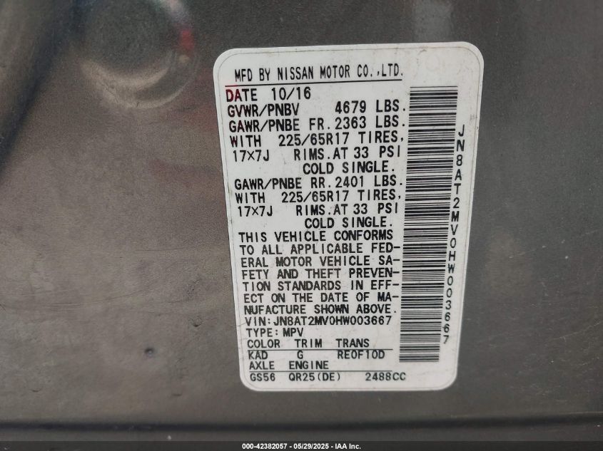 2017 Nissan Rogue S/Sl/Sv VIN: JN8AT2MVOHW003667 Lot: 42382057