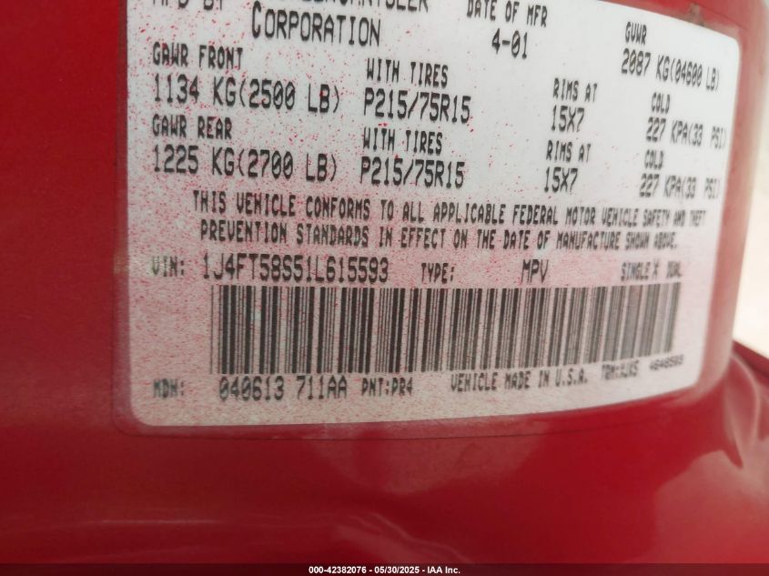 2001 Jeep Cherokee Limited VIN: 1J4FT58S51L615593 Lot: 42382076