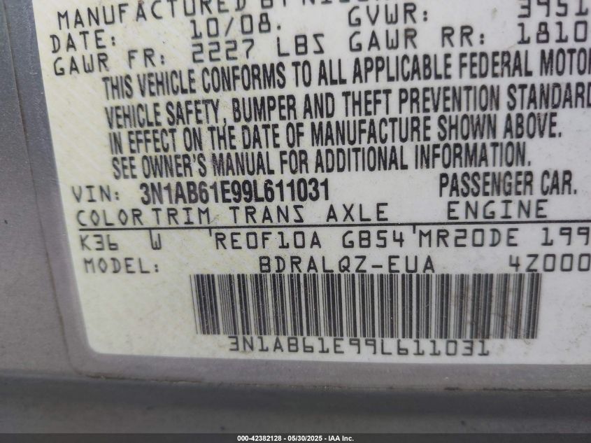 2009 Nissan Sentra 2.0 VIN: 3N1AB61E99L611031 Lot: 42382128