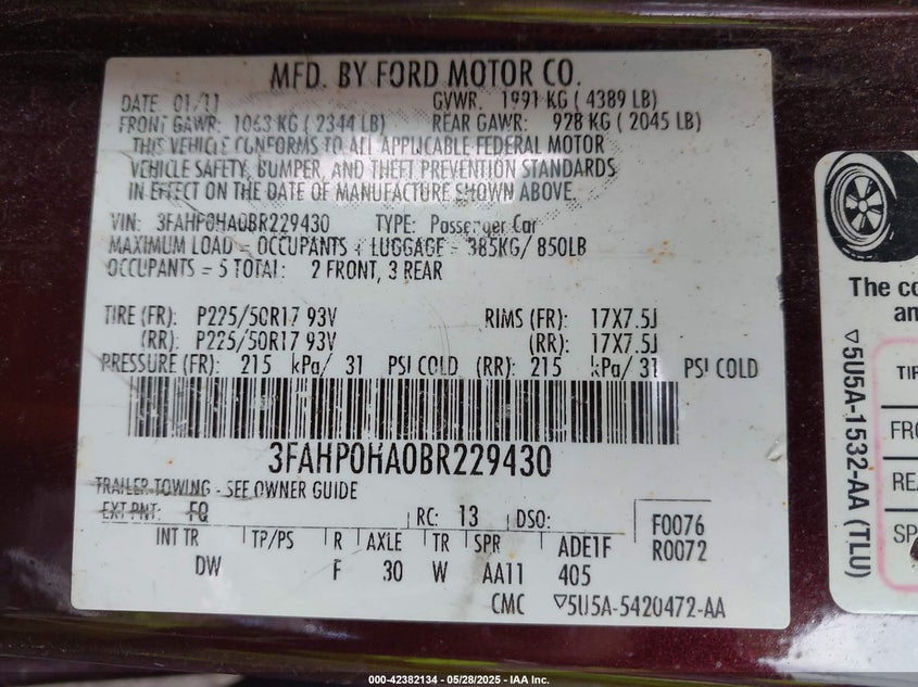 2011 FORD FUSION VIN: 3FAHP0HA0BR229430