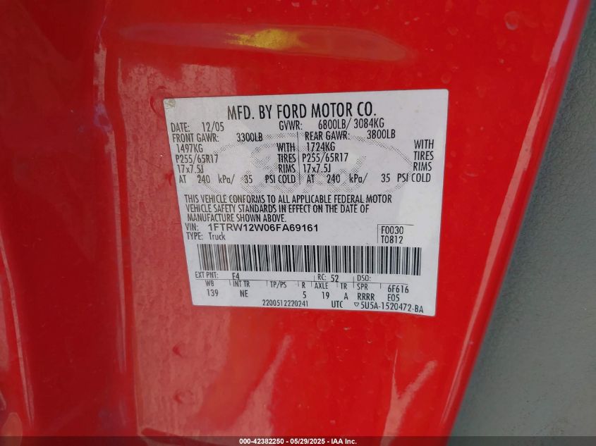 2006 Ford F-150 Xlt VIN: 1FTRW12W06FA69161 Lot: 42382250