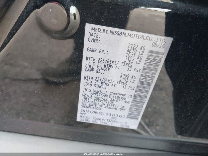 2016 Nissan Rogue S VIN: 5N1AT2MV1GC910161 Lot: 42382285