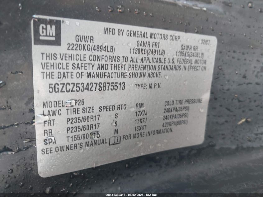 2007 Saturn Vue VIN: 5GZCZ53427S875513 Lot: 42382316