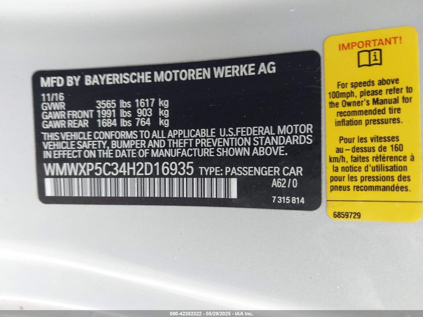 2017 MINI HARDTOP VIN: WMWXP5C34H2D16935