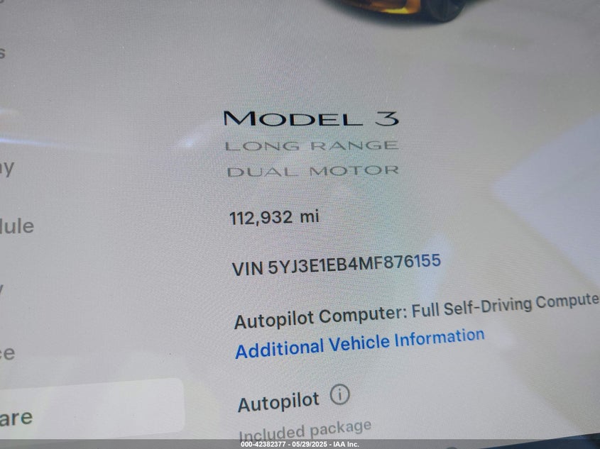 2021 Tesla Model 3 Long Range Dual Motor All-Wheel Drive VIN: 5YJ3E1EB4MF876155 Lot: 42382377
