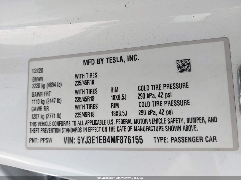 2021 Tesla Model 3 Long Range Dual Motor All-Wheel Drive VIN: 5YJ3E1EB4MF876155 Lot: 42382377