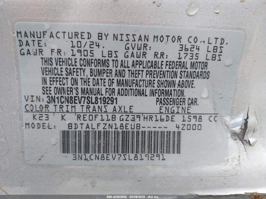 2025 NISSAN VERSA VIN: 3N1CN8EV7SL819291