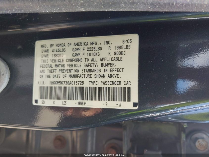 2006 Honda Accord 2.4 Ex VIN: 1HGCM56736A015728 Lot: 42382537