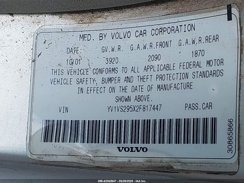 2002 Volvo S40 A VIN: YV1VS295X2F817447 Lot: 42382547