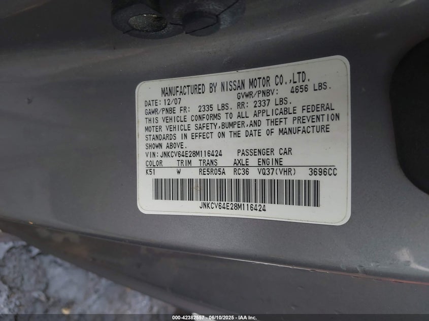 2008 INFINITI G37 VIN: JNKCV64E28M116424