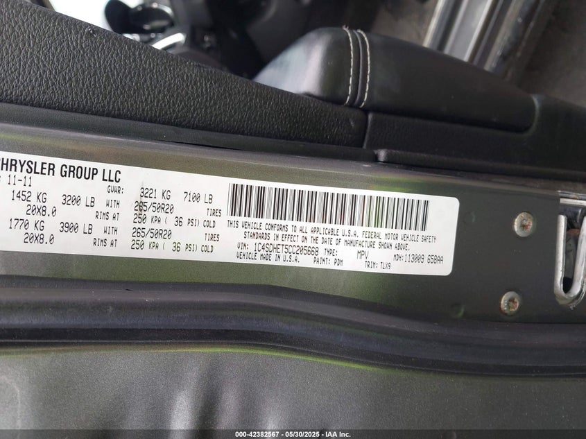 2012 DODGE DURANGO VIN: 1C4SDHET5CC205668
