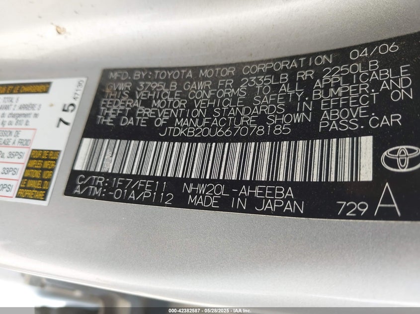 2006 TOYOTA PRIUS VIN: JTDKB20U667078185