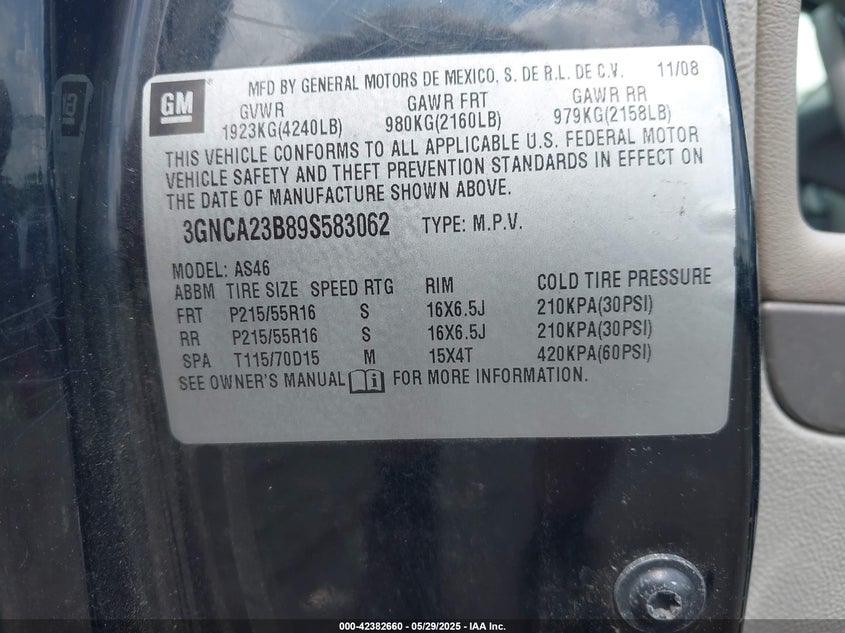 2009 CHEVROLET HHR VIN: 3GNCA23B89S583062