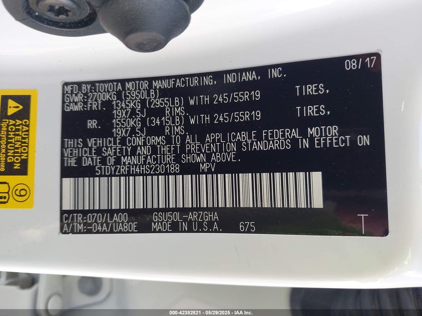 2017 TOYOTA HIGHLANDER LIMITED - 5TDYZRFH4HS230188