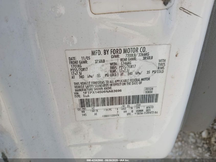 2006 Ford F-150 Fx4/Lariat/Xl/Xlt VIN: 1FTPX14506NA63696 Lot: 42382908