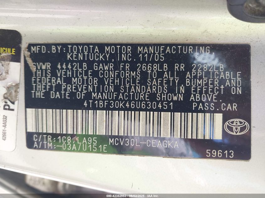 2006 Toyota Camry Xle V6 VIN: 4T1BF30K46U630451 Lot: 42382953
