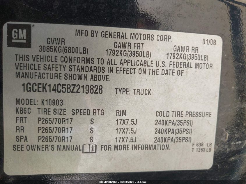 2008 Chevrolet Silverado VIN: 1GCEK14D58Z219828 Lot: 42382965