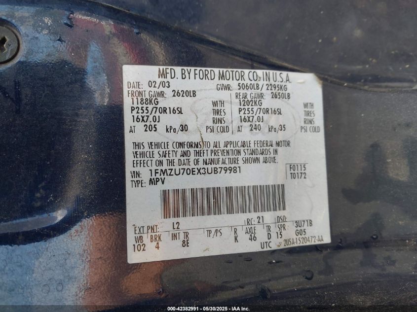 2003 Ford Explorer Sport Xls/Xlt VIN: 1FMZU70EX3UB79981 Lot: 42382991