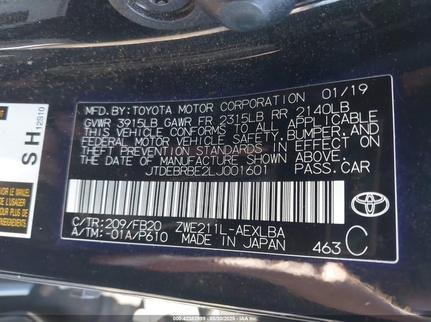 2020 TOYOTA COROLLA VIN: JTDEBRBE2LJ001601