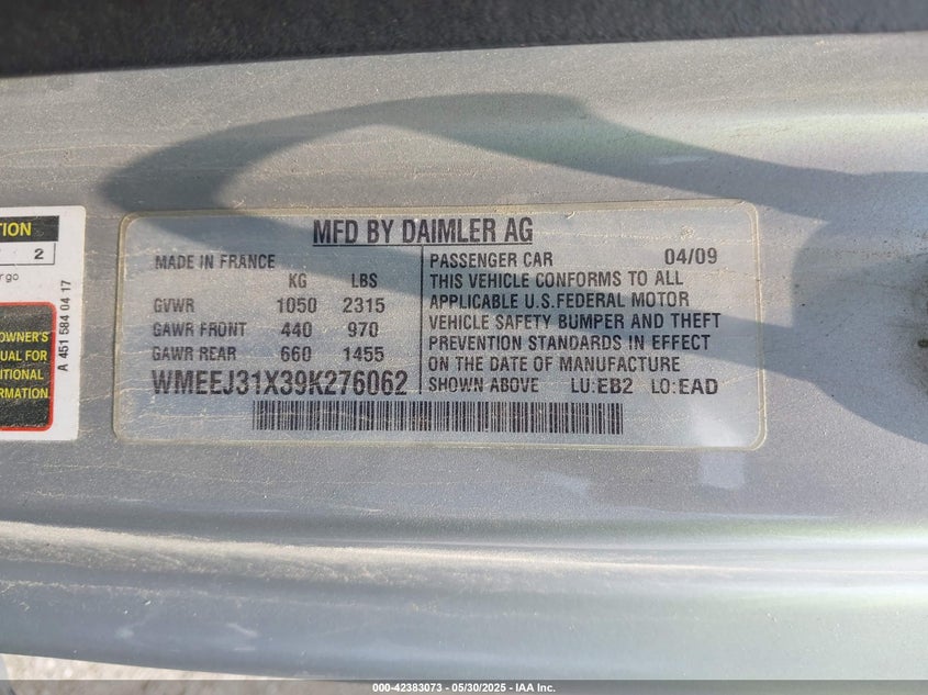 2009 SMART FORTWO VIN: WMEEJ31X39K276062
