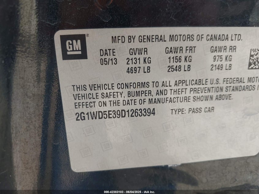 2013 CHEVROLET IMPALA VIN: 2G1WD5E39D1263394
