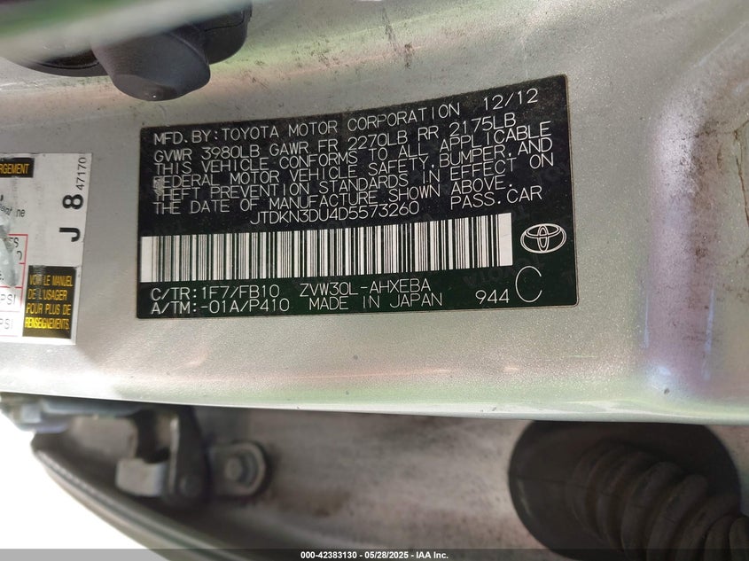 2013 TOYOTA PRIUS VIN: JTDKN3DU4D5573260
