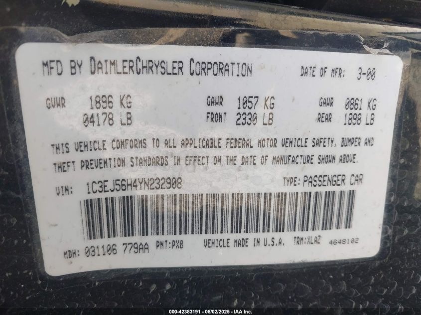 2000 Chrysler Cirrus Lxi VIN: 1C3EJ56H4YN232908 Lot: 42383191