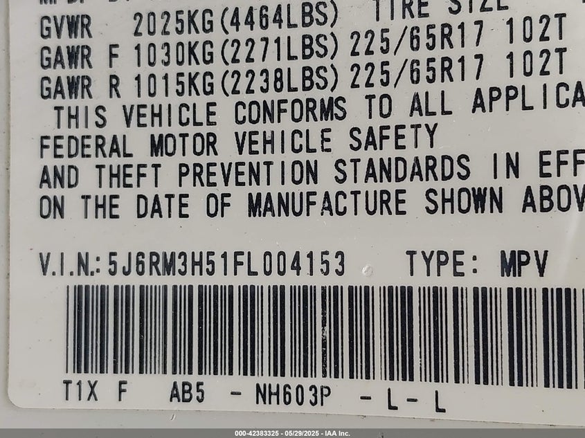 2015 HONDA CR-V EX - 5J6RM3H51FL004153