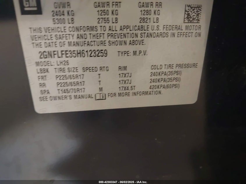 2017 CHEVROLET EQUINOX VIN: 2GNFLFE35H6123259