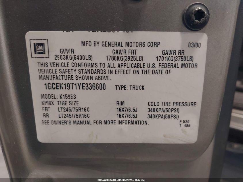 2000 Chevrolet Silverado 1500 Ls VIN: 1GCEK19T1YE336600 Lot: 42383410