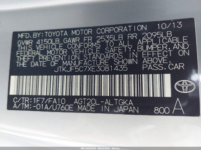 2014 Scion Tc VIN: JTKJF5C7XE3081435 Lot: 42383764