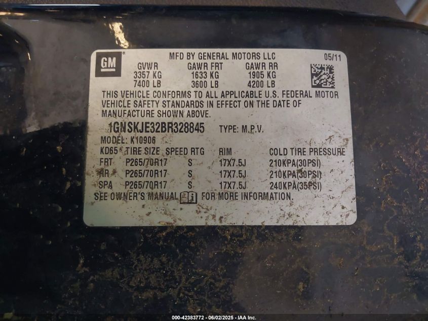 2011 Chevrolet Suburban 1500 Lt1 VIN: 1GNSKJE32BR328845 Lot: 43211739