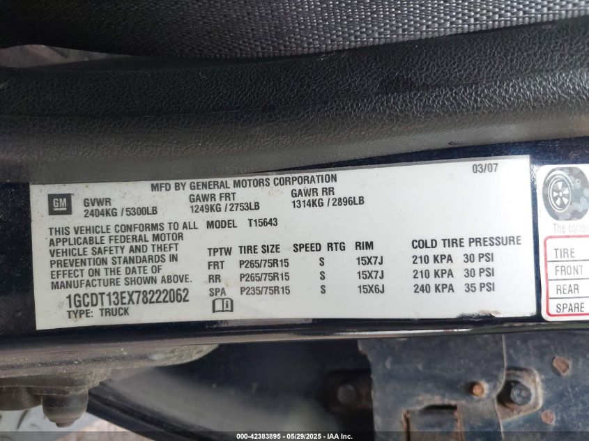 2007 Chevrolet Colorado Lt VIN: 1GCDT13EX78222062 Lot: 42383895