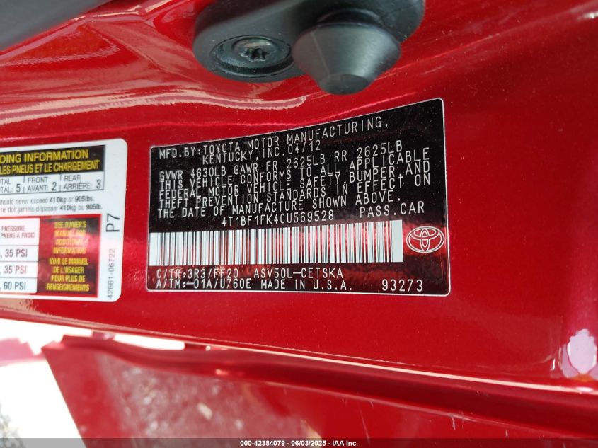 2012 Toyota Camry Se VIN: 4T1BF1FK4CU569528 Lot: 42384079