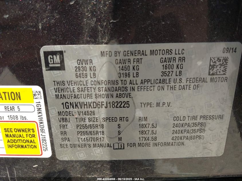 2015 Chevrolet Traverse 2Lt VIN: 1GNKVHKD6FJ182225 Lot: 43428554