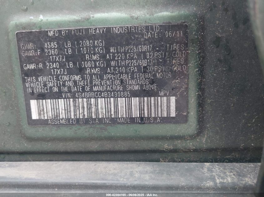 2011 Subaru Outback 2.5I Premium VIN: 4S4BRBCC4B3430885 Lot: 42384165